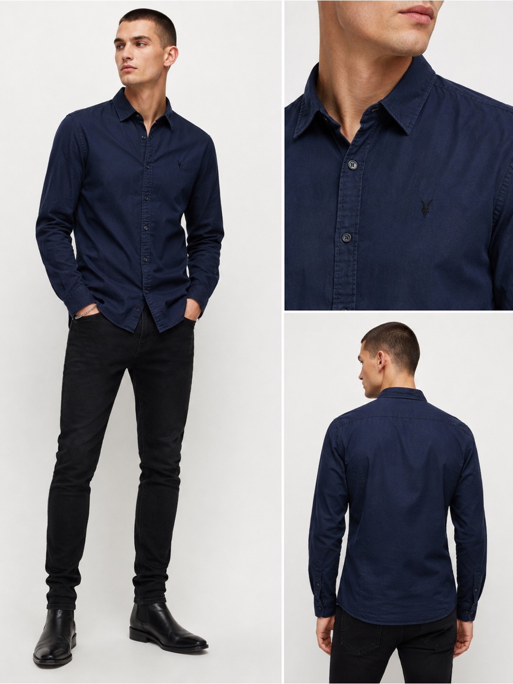Allsaints Men's Navy Long-Sleeve Button-Up Shirt sz. M